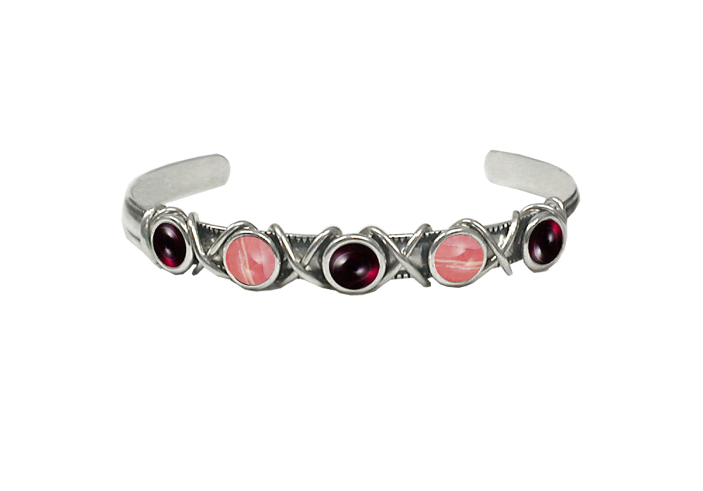 Sterling Silver Cuff Bracelet With Garnet And Rhodocrosite